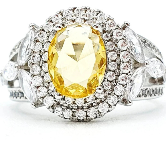 ▶Noble Hollow Beautiful Oval Crystal Royal Yellow CZ Silver Ring for Women, L073 - Picture 6 of 9